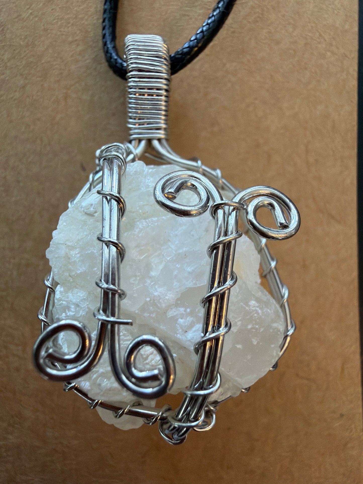 Necklace – Apophyllite Cluster Wire Wrapped on Leather Necklace