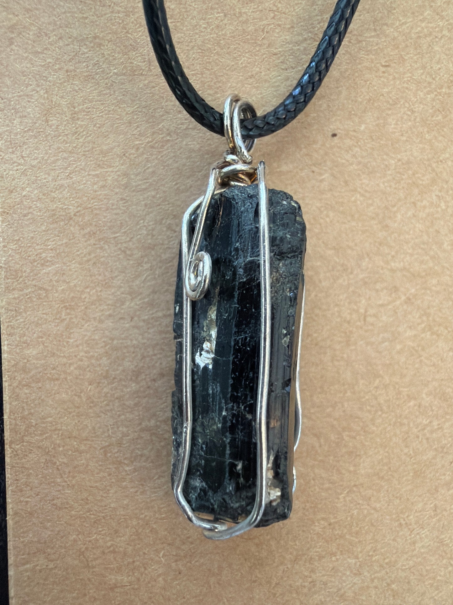 Necklace – Black Tourmaline Wire Wrapped on Leather Necklace