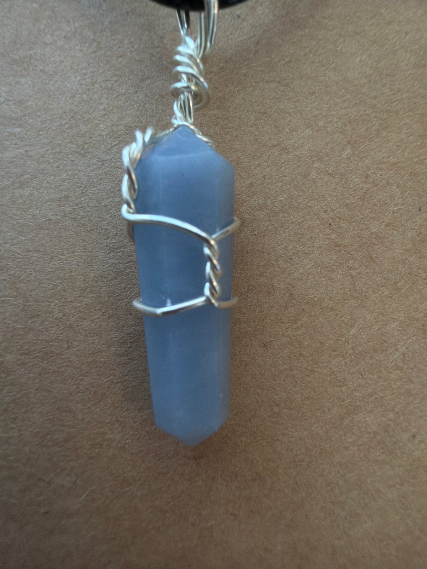 Necklace – Angelite Wire Wrapped on Leather Necklace