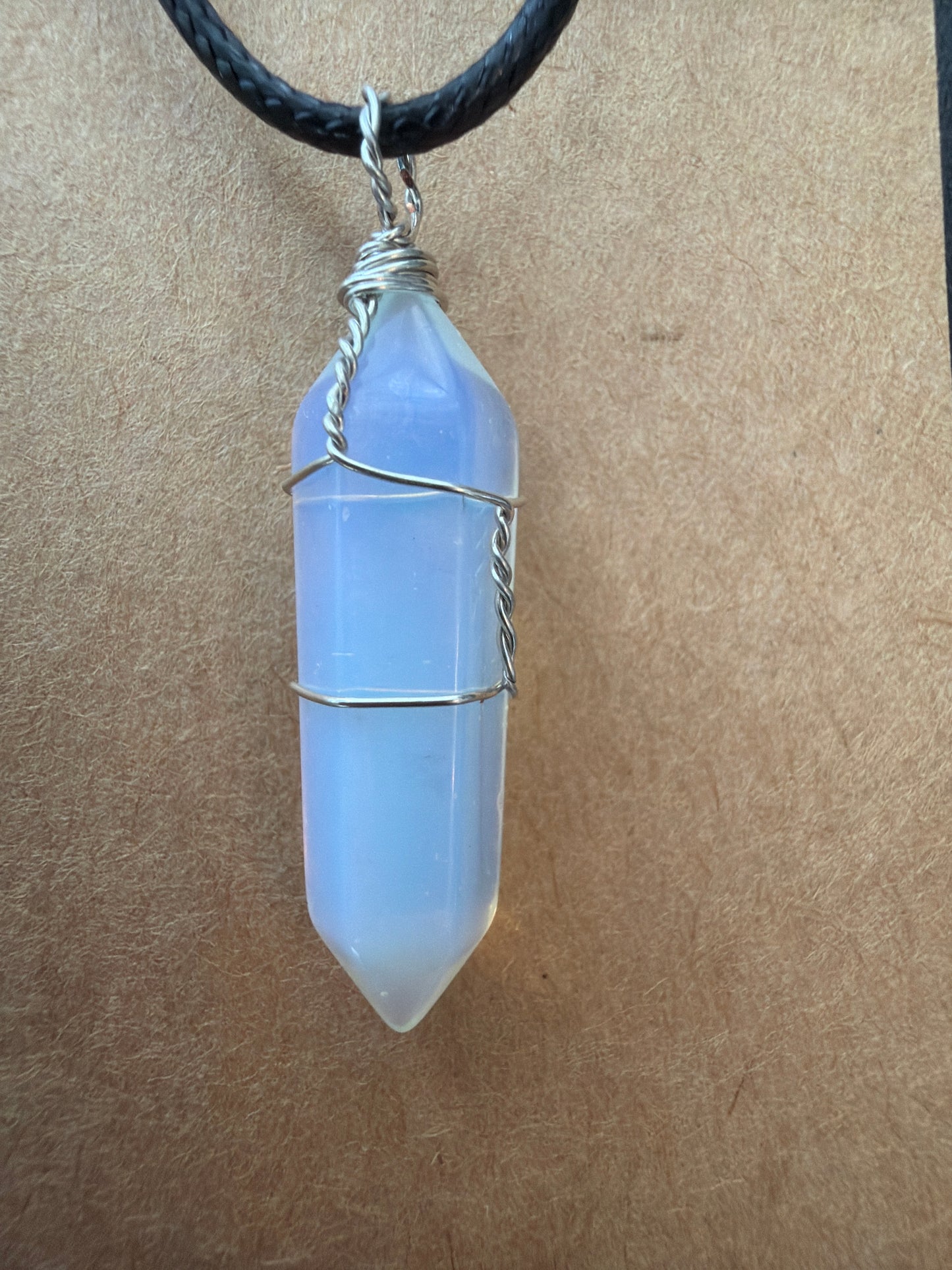 Necklace – Opalite Wire Wrapped on Leather Necklace