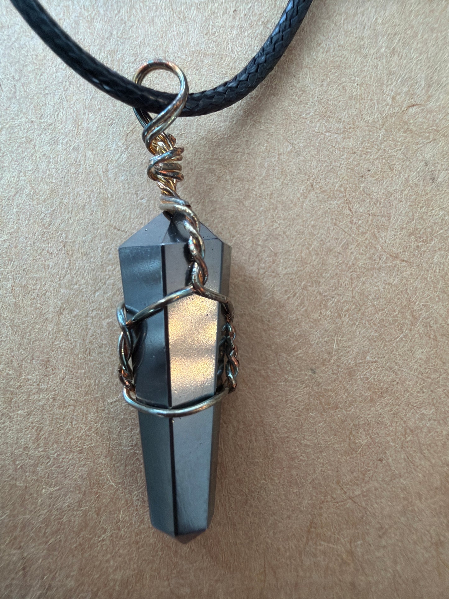 Necklace – Hematite Wire Wrapped on Leather Necklace