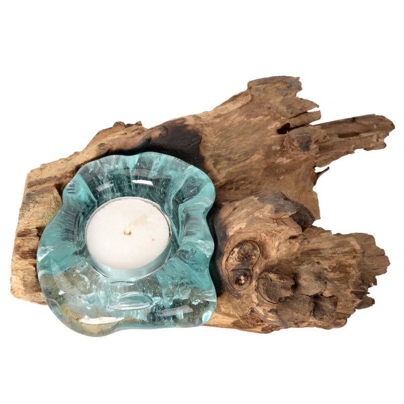 Single Molten Glass Candle in Natural Wood