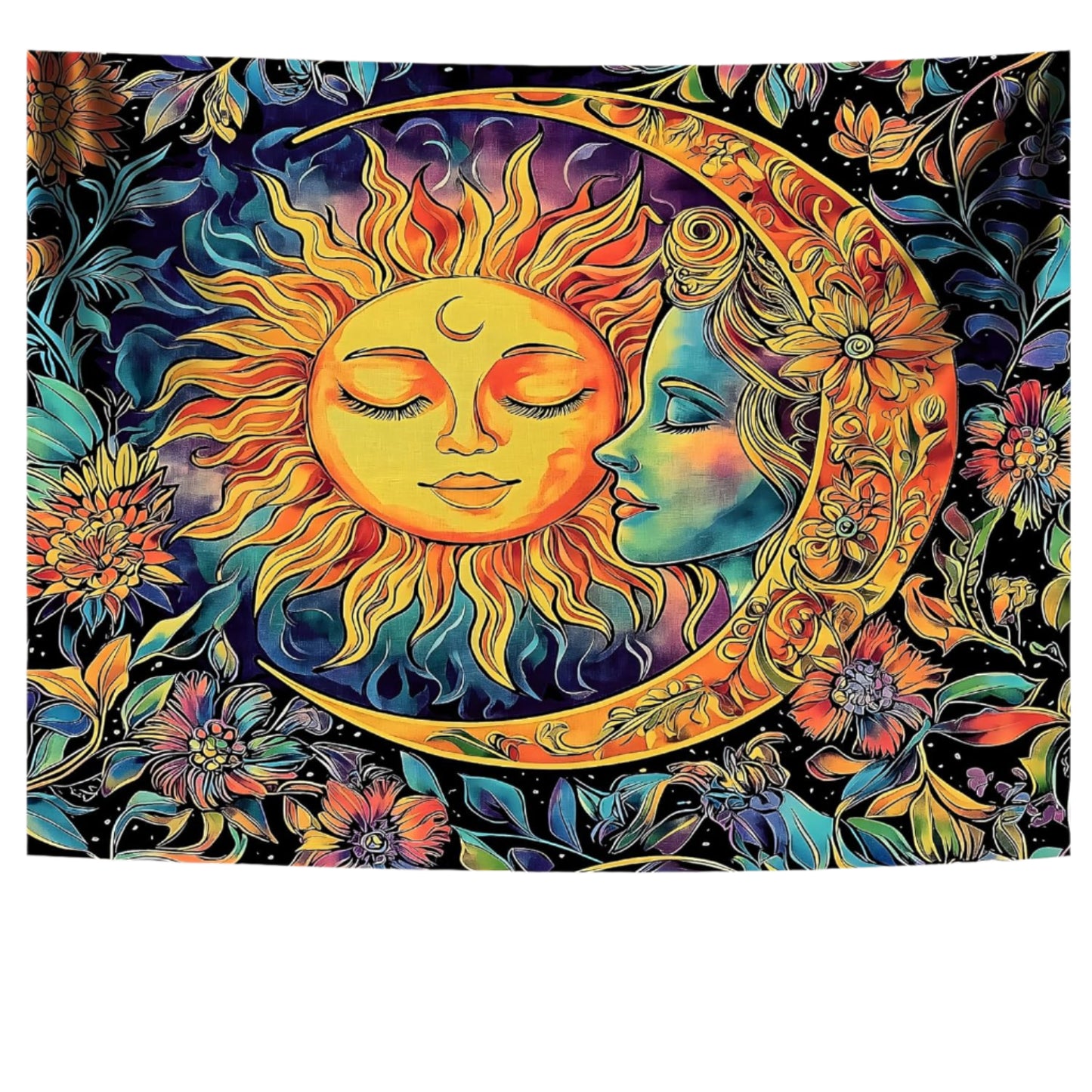 Colorful tapestry with sun and moon design on a wall.