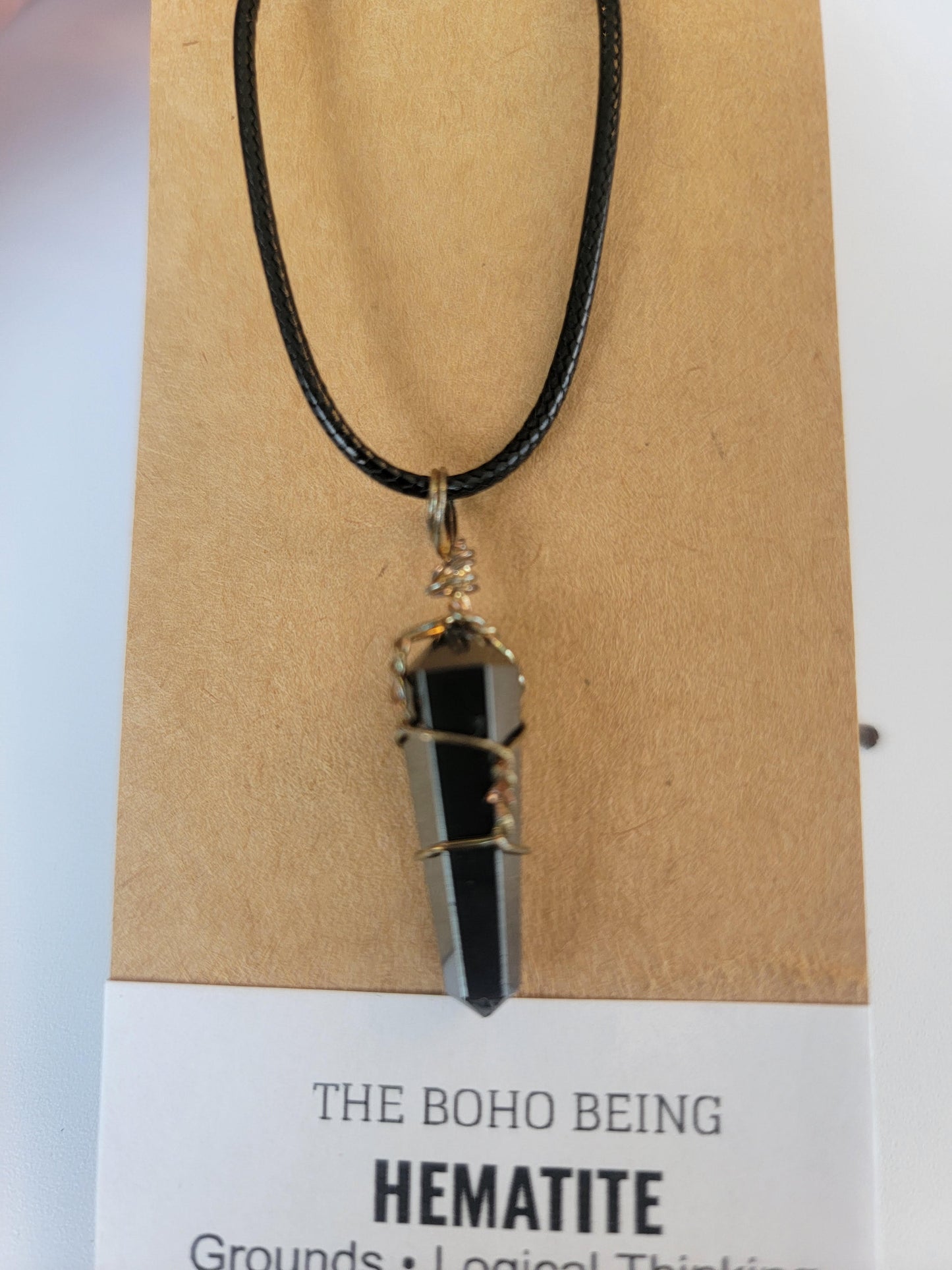 Necklace – Hematite Wire Wrapped on Leather Necklace