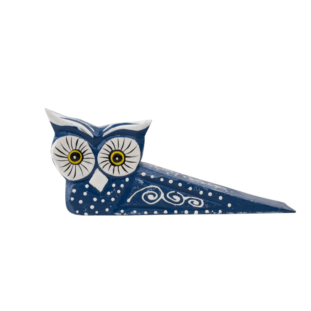 Decorative owl-shapeddoor stop with blue and white design