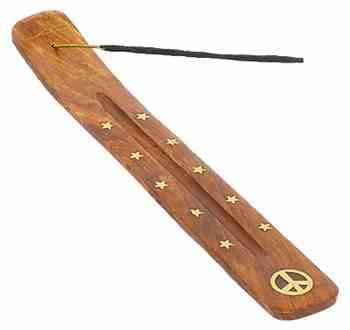 Wooden Incense Burner Boat with Peace Symbol and Stars Design