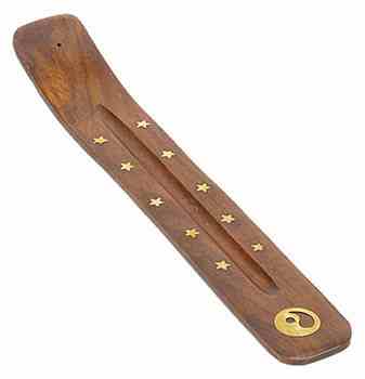 Wooden Incense Burner Boat with Yin Yang Symbol and Stars Design