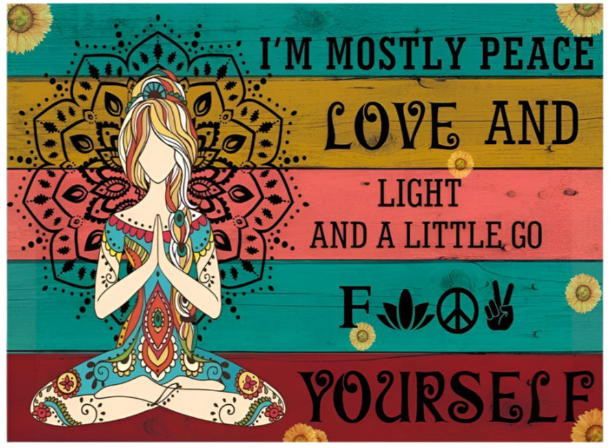 Colorful tapestry with a peace symbol design and text on a wooden texture background.
