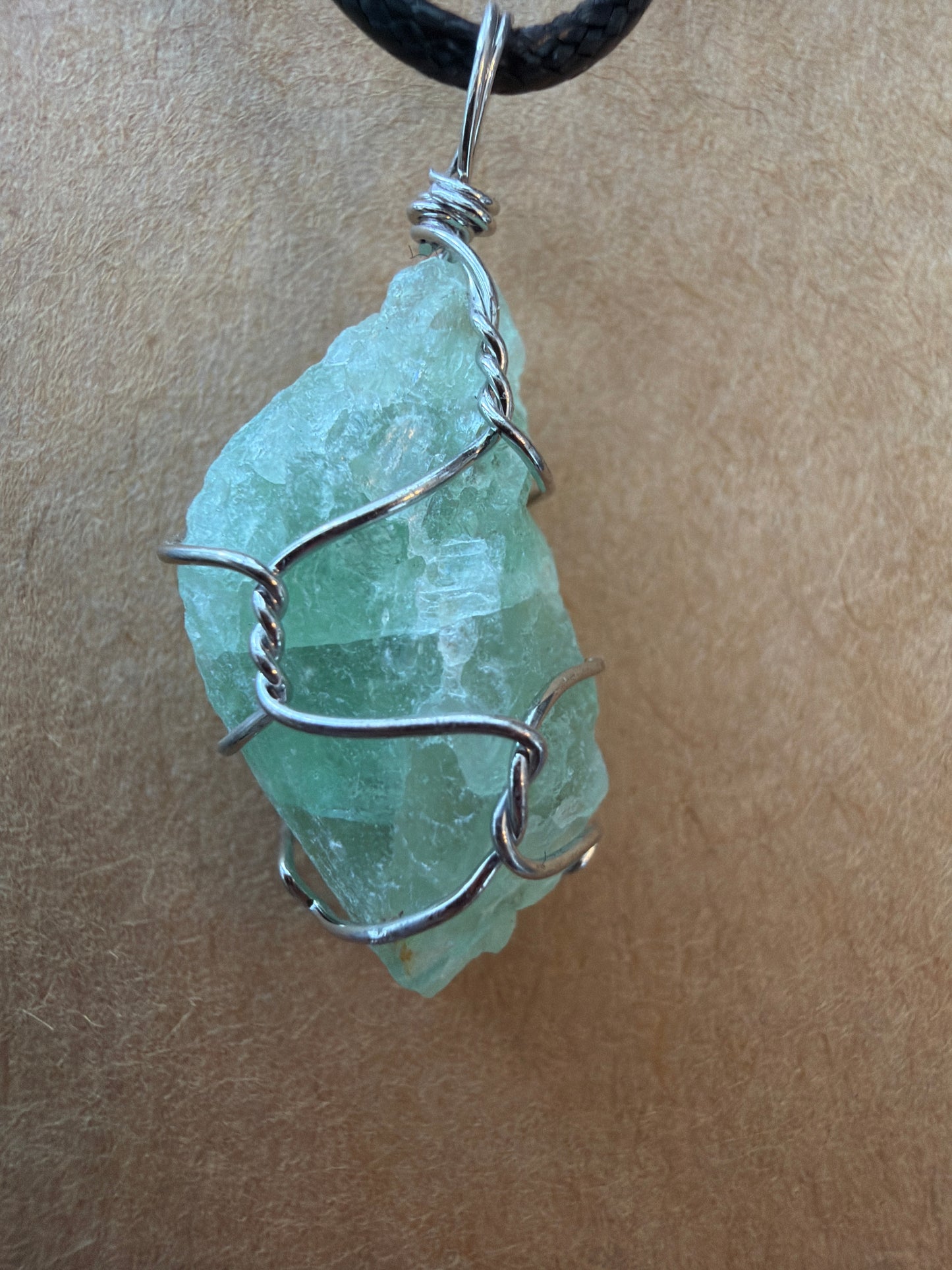 Necklace – Fluorite Wire Wrapped on Leather Necklace