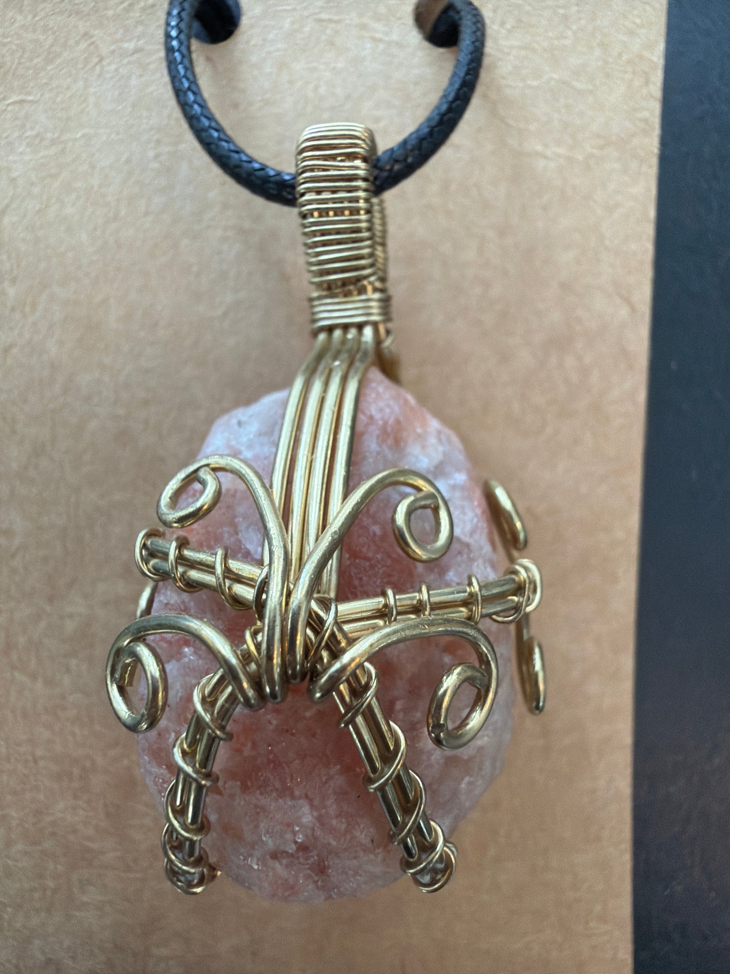 Necklace – Rough Sunstone Wire Wrapped on Leather Necklace