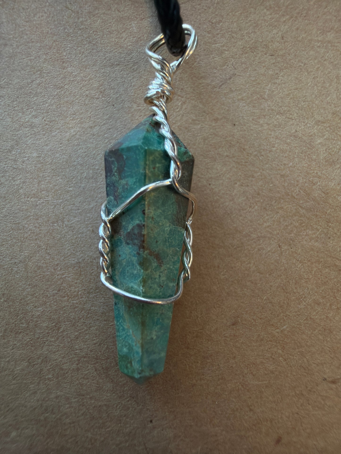 Necklace – Turquoise Wire Wrapped on Leather Necklace