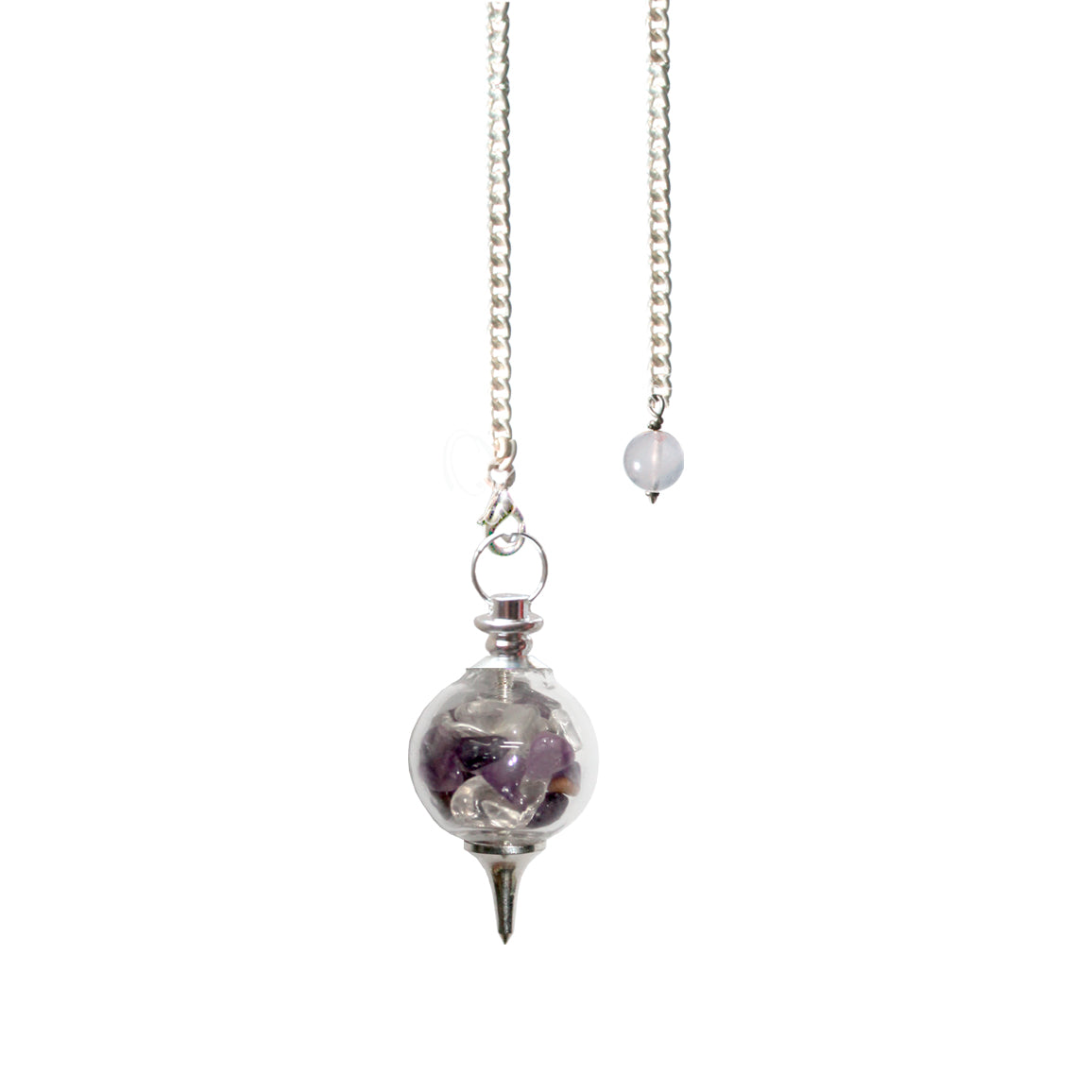 Pendulum Amethyst and Crystal Quartz Chips In Glass Ball