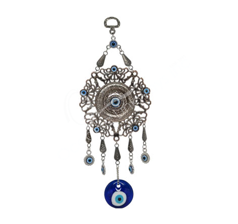 Decorative hanging charm with blue evil eye design on a white background