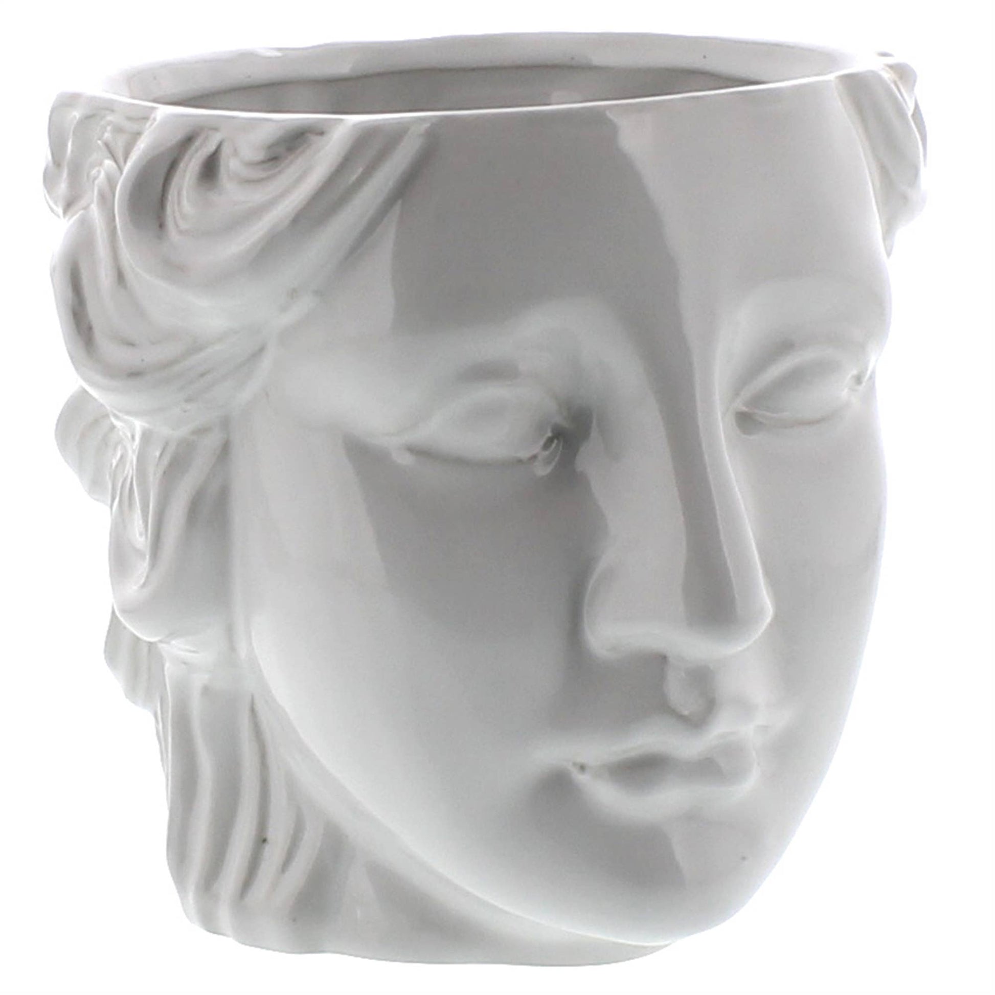 White ceramic vase shaped like a face with a floral design on a white background