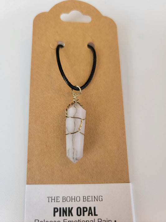 Necklace – Pink Opal Wire Wrapped on Leather Necklace