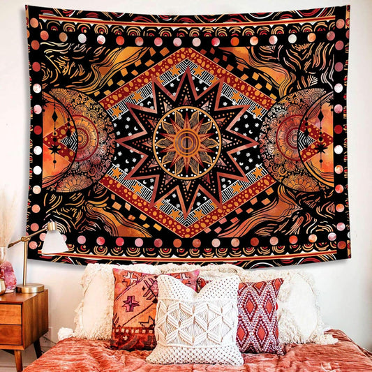 Orange Sun and Moon Tapestry