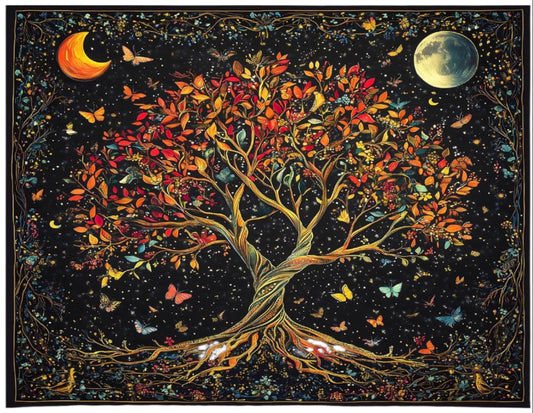 Colorful tree of life with butterflies against a starry night sky, shown with dimensions.
